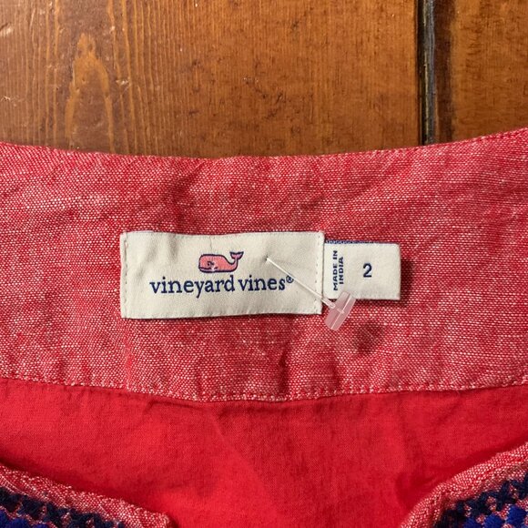 Vineyard Vines Embellished Red w/ Blue Embroidery Linen Cotton Blend Tunic Dress - Picture 4 of 15